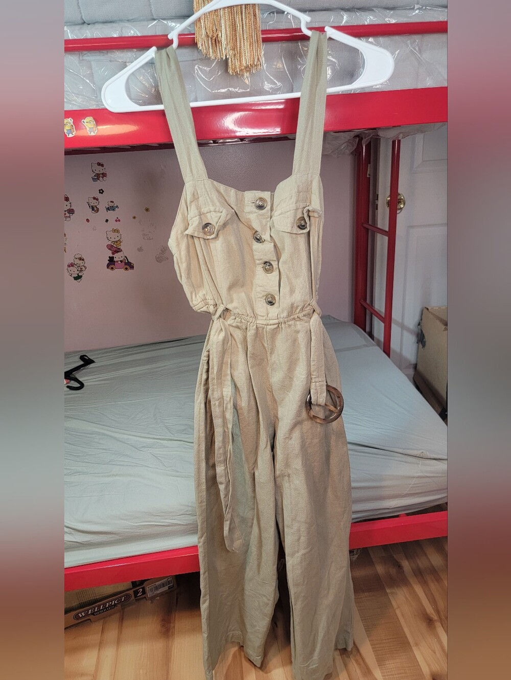 Japna Beige Linen-Blend Wide-Leg Button Front Jumpsuit With Pockets Size XSmall